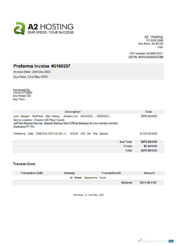 Download USA A2 Hosting invoice Photoshop template